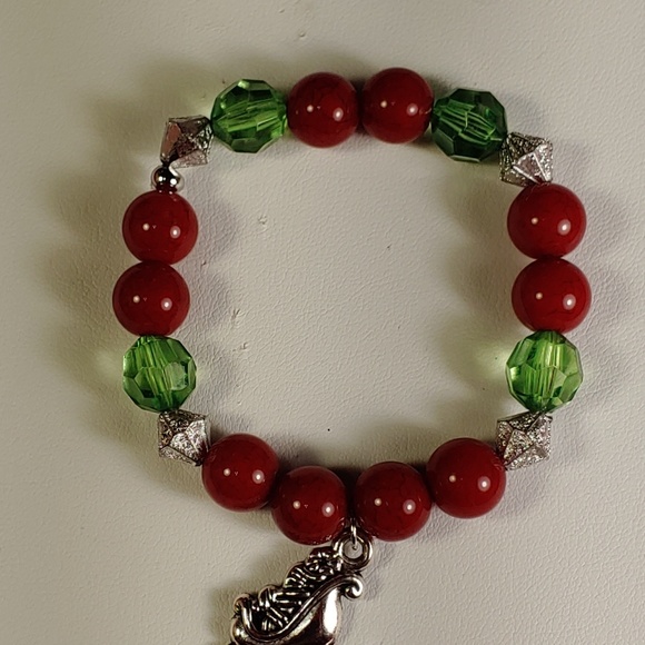 261C87. Red, Green Silver Bracelet with Sleigh Charm - Picture 3 of 3